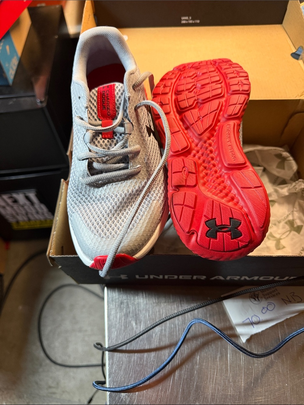 Under Armour Light Gray Mesh Running Shoes with Red Soles